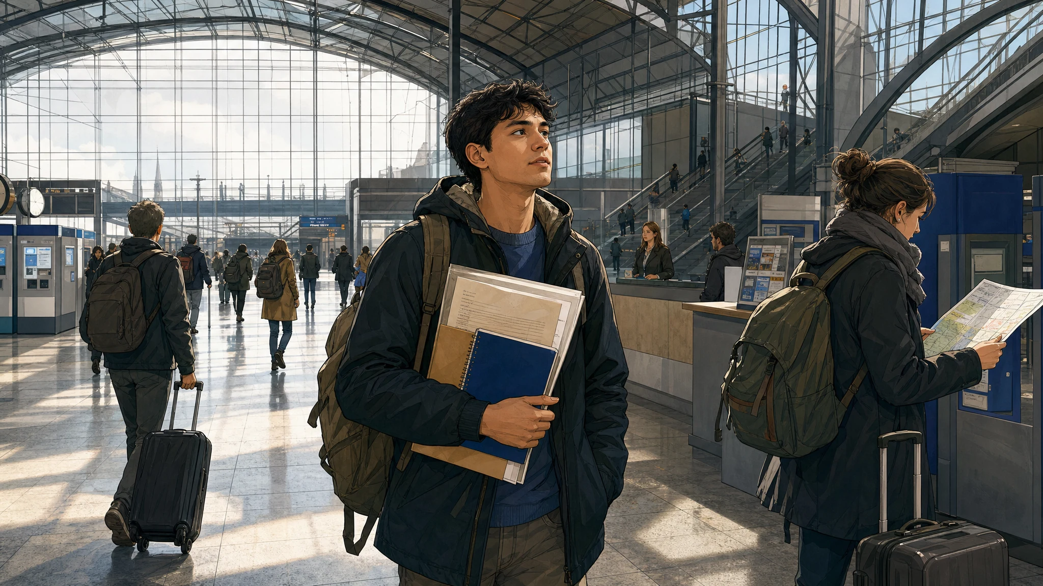 Illustration of a German learner preparing for vocational training in Germany