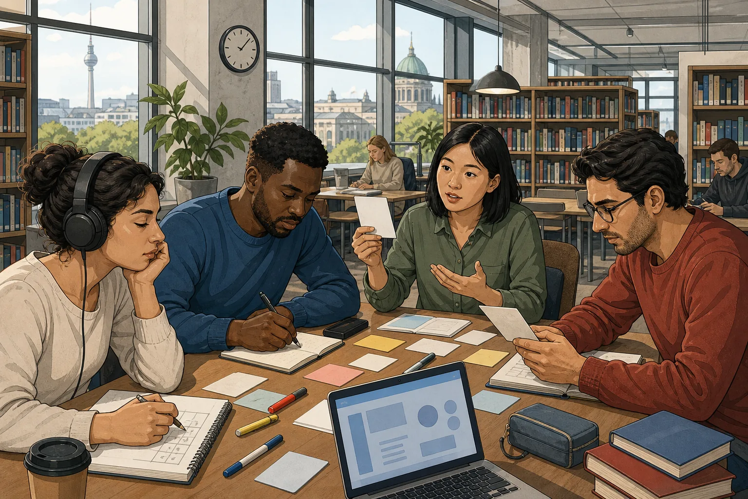 Adult learners prepare for the German B1 exam in a Berlin library.