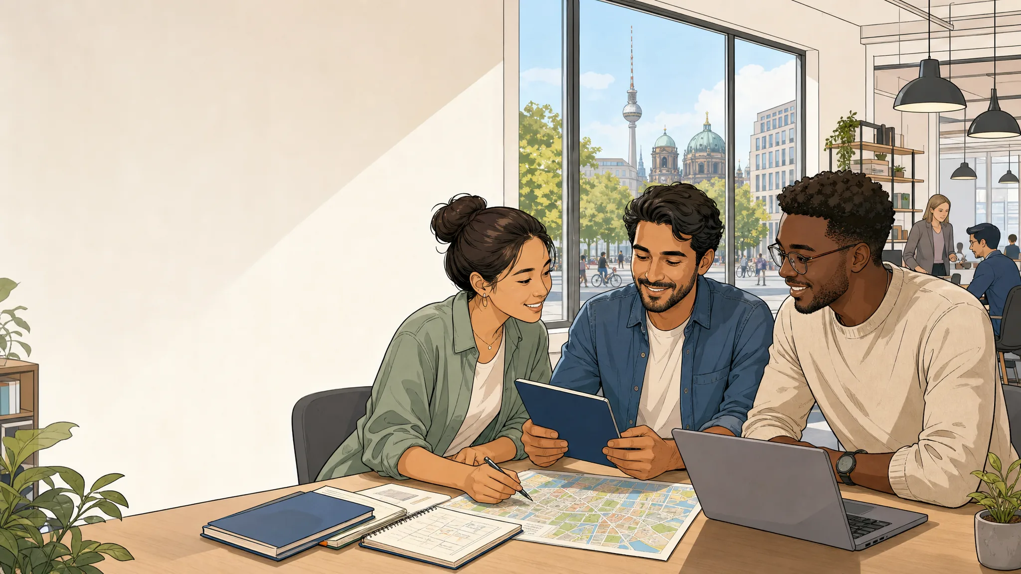 International skilled workers plan German learning for the Opportunity Card in a Berlin consultation room.