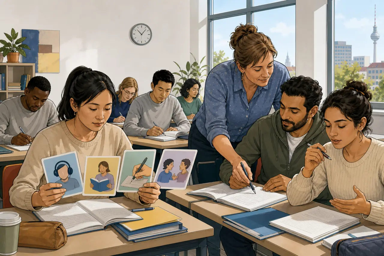 Adult learners practice for the Deutsch-Test für Zuwanderer in a German integration course.