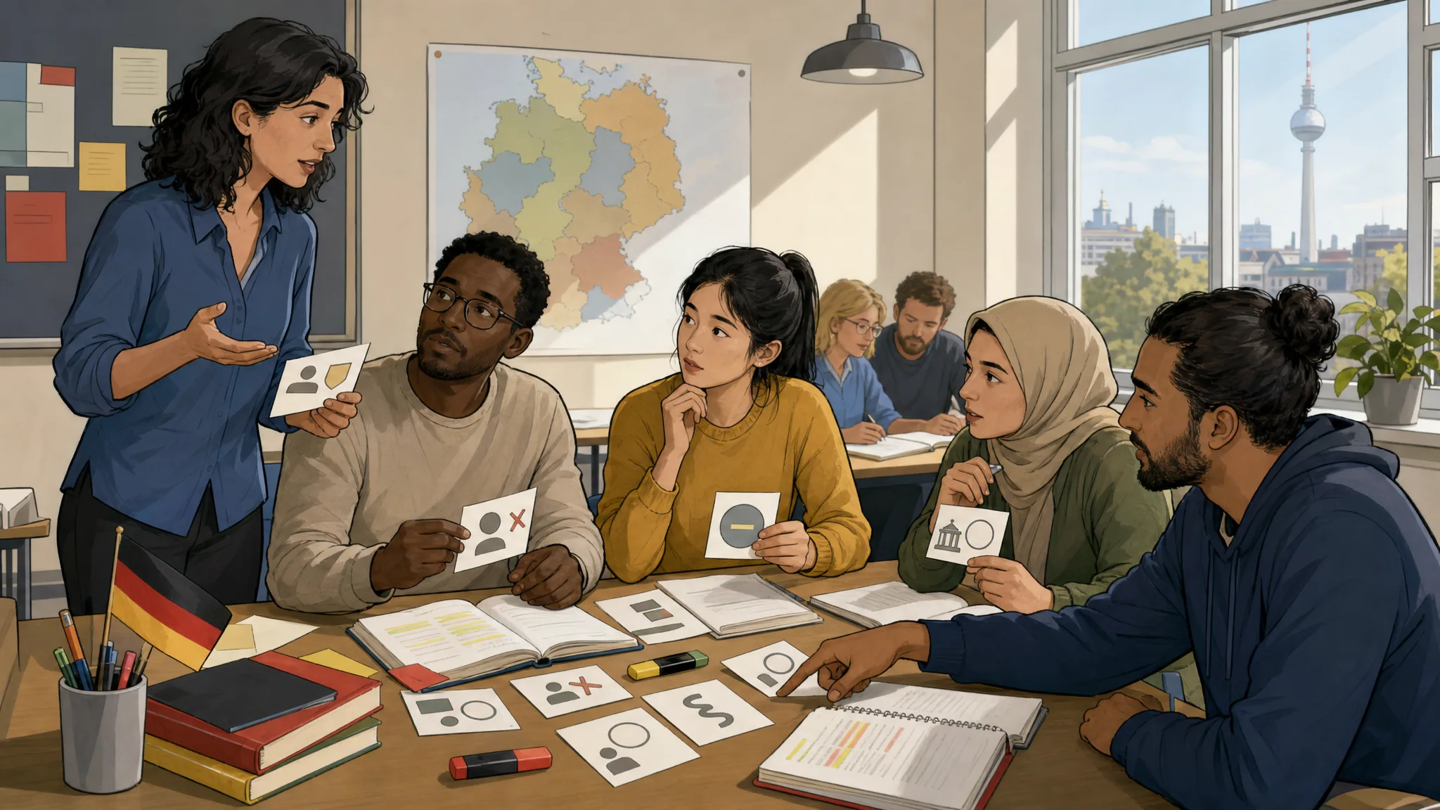 Adult learners practice German citizenship-test language in a Berlin classroom.