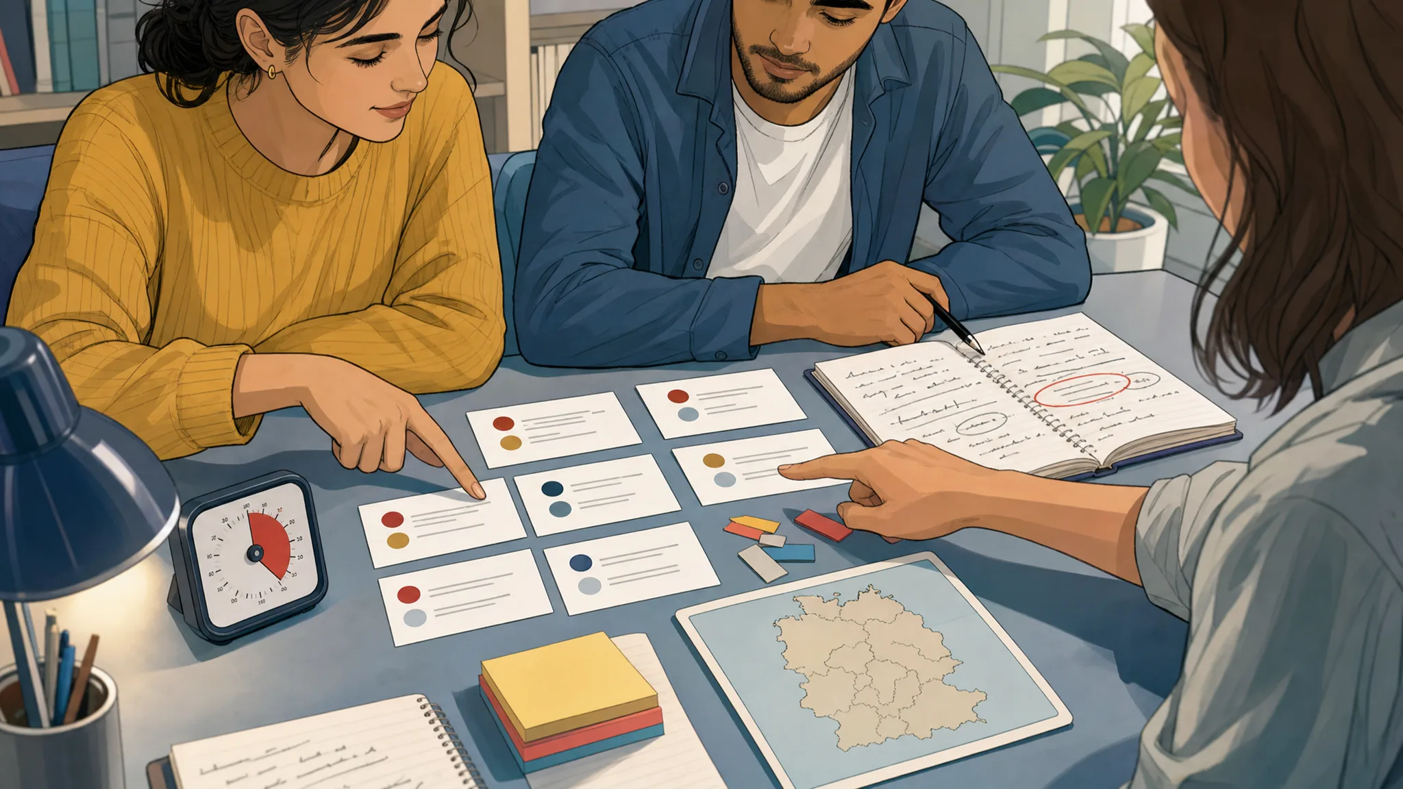 Learners sort abstract question cards for a German citizenship-test language trainer.