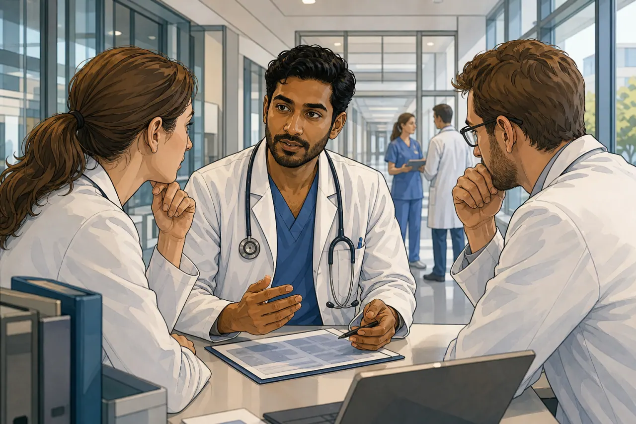 Illustration of an international doctor in a German hospital case discussion