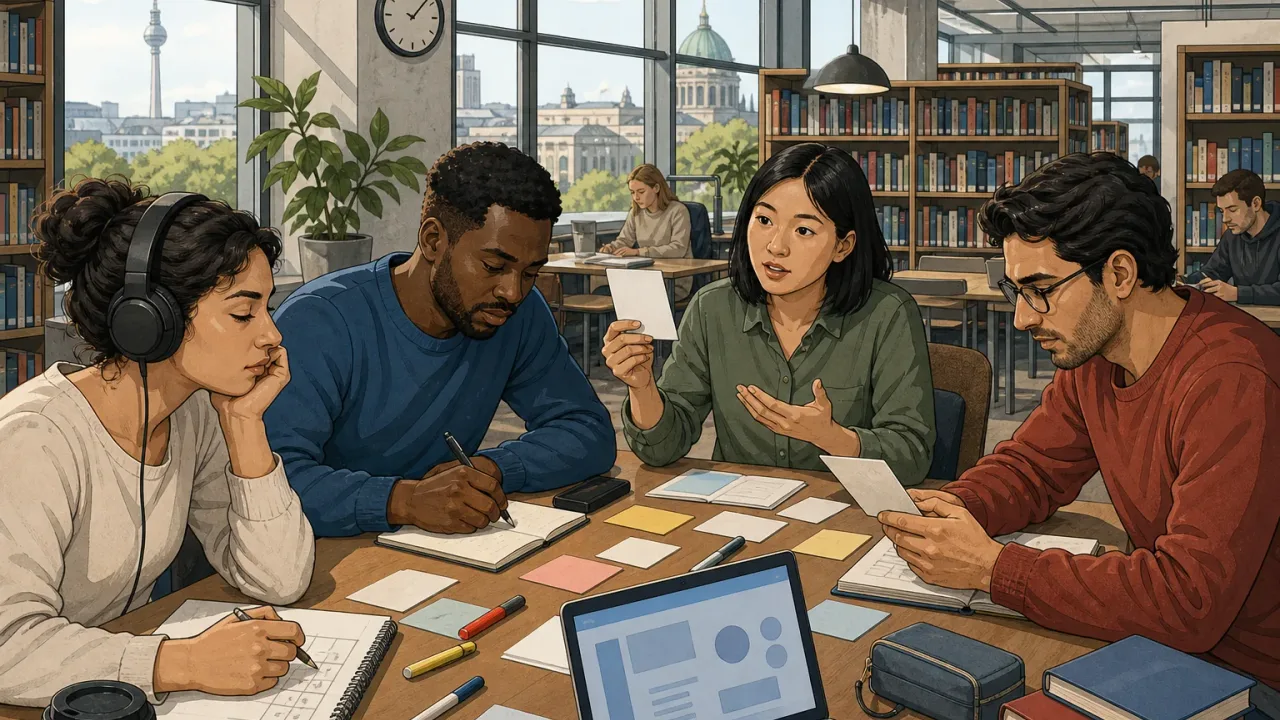 International students study for TestDaF in a German university library.