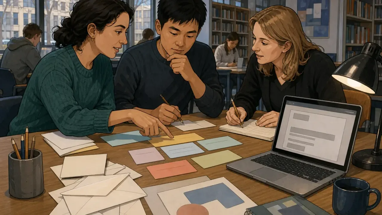 Students arrange graph notes and argument cards for a TestDaF writing trainer.