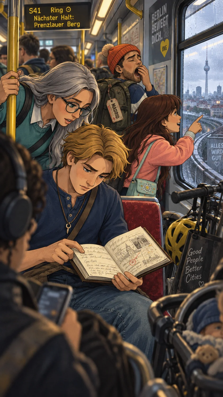 Felix reads an old notebook on the S-Bahn while his friends look out at Berlin.