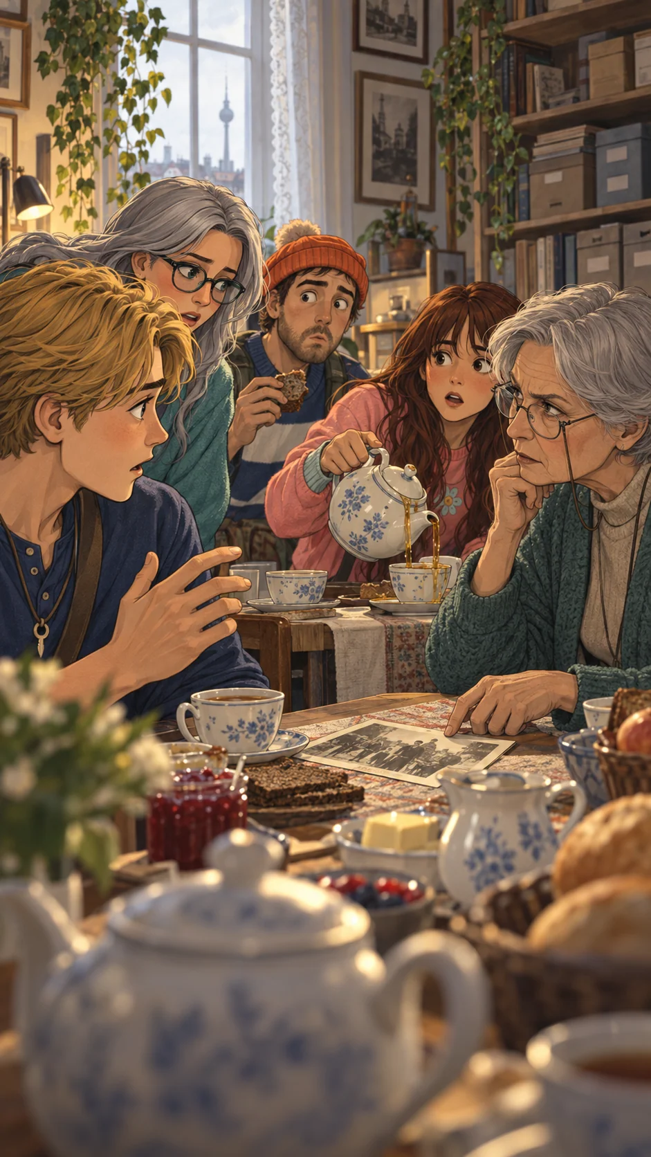 The friends sit at the breakfast table with Frau Reineke.
